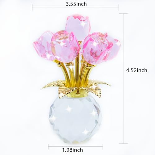 TWINKLING Crystal Roses Figurine with Round Vase, Glass Rose Crystal Flowers Bouquet, Birthday, Anniversary, Wedding, Home Decor, Gold Leaf (Pink) - color: Pink(gold Leaf)