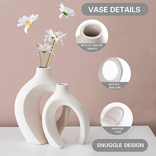 Liotww Ceramic Vases for Home Decor Set of 2, Off White Boho Small Flower Vase, Minimalist Decorative Modern Donut Vase for Living Dining Room Office Entryway Book Shelf Coffee Console Table Décor - color: Large-matte White