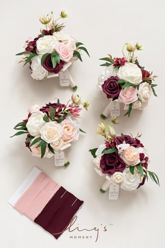 Ling's moment Artificial Flowers Marsala Red & Pink Bridesmaid Bouquet Set of 4, Wedding Flowers Bouquets for Bridesmaids, 7 Inch Bridal Bouquets for Bridesmaids, Wedding Decor, Ceremony, etc - color: Red-marsala & Blush
