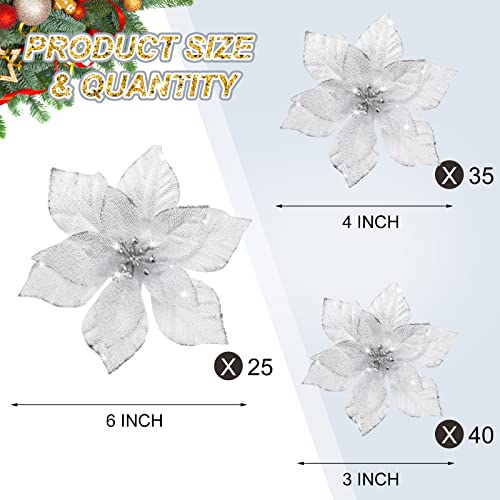 Geosar 100 Pcs 3 Size Christmas Poinsettia Flowers with Clips Glitter Artificial Flowers Small Christmas Tree Ornaments Faux for Xmas Party DIY Craft Wreath Garland New Year, 3/4/6 Inches(Silver) - color: Silver