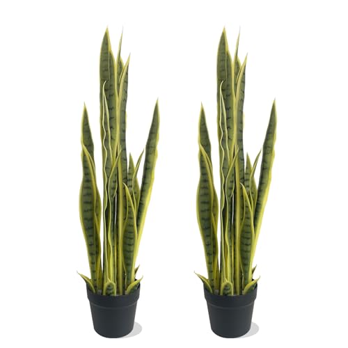 3FT-2PCS Artificial Snake Plant, 32 PVC Lifelike Leaves, 35in Faux Sansevieria for Indoor Home & Garden Decor, Potted Mother-in-Law's Tongue Plants, Yellow - color: Yellow