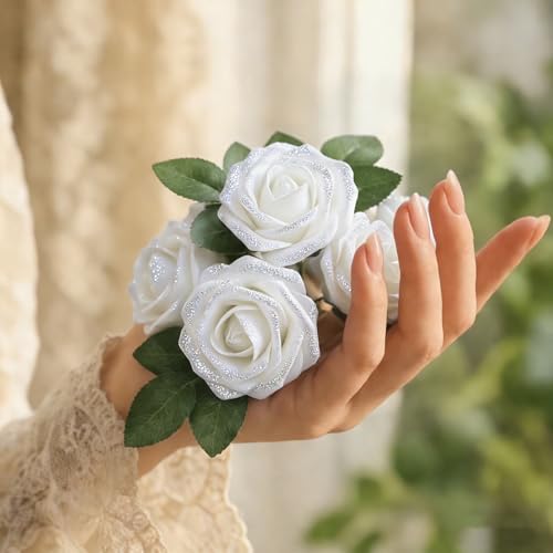 30Pcs White Artificial Crystal Rose Artificial Flowers, Realistic Fake Crystal Roses for Wedding Center Decorations, Party Home Decorations, Valentine's Day, Bouquets. - color: 30pcs White