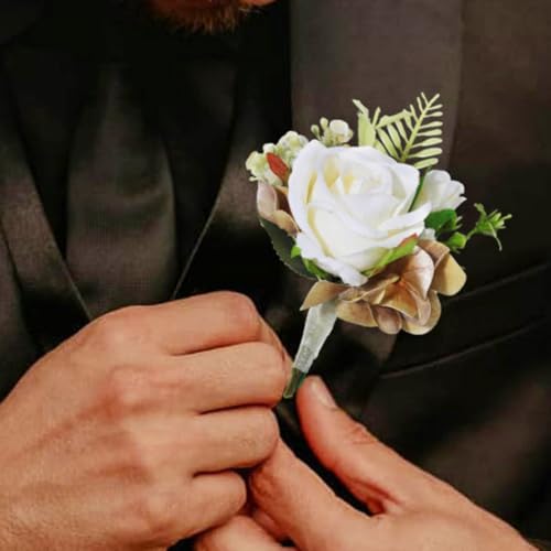 Wedding Flower Boutonniere White Groom Rose Buttonholes Men's Boutineer Party Suit Decoration Prom Anniversary Accessories for Groomsmans and Man (White) - color: White
