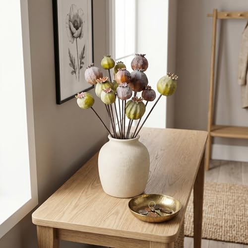 Artificial Flowers -12Pcs Artificial Poppy Pods, Real Touch Flowers for Bathroom,Coffee Table,Wedding, Home,Party Decoration,Table Centerpiece Arrangement (Green & Brown,No Include Vase)