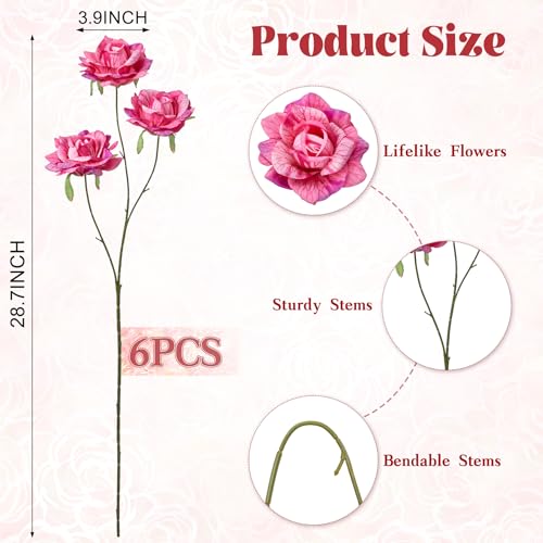 INXUGAO Artificial Flowers Fake Roses for Outdoor, 6Pcs 28" Long Stem Silk Roses for Wedding Indoor Outside Party Decor, Realistic Faux Bouquet for Tall Vase Planter (Fuchsia) - color: Rose-fuchsia 6 Pcs