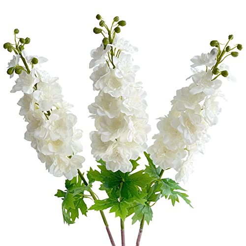 YalzoneMet 3 Pcs White Delphinium Artificial Flower, Real Touch Latex Delphinium Flower, Big 31.5'' Long Stem Lifelike Fake Silk Larkspur for Home Outdoor Wedding Flora Table Centerpiece - color: White