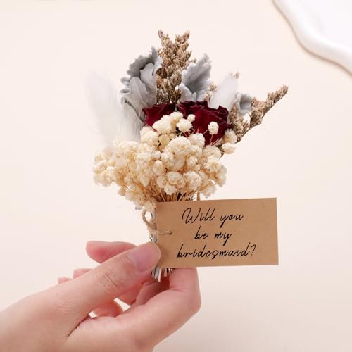Mini Bouquet Proposal Gifts for Bridesmaid - Dried Rose with Baby's Breath, Natural Dried Flowers Decor for Bridesmaids Proposal Box, Romantic Wedding Keepsake for Bridal Shower Bachelorette Party - style: rose