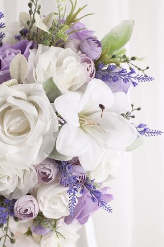 Bridal Bouquet Cascading, Lilac Purple & White Wedding Bouquets for Bride Bridesmaid 10" Artificial Flowers Bouquet for Wedding Decor - color: Lilac Purple & White