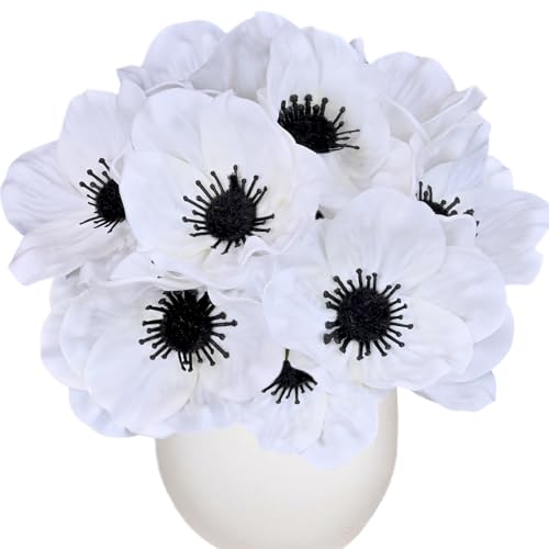 10Pcs White Poppy Artificial Flowers 11" Real Touch No Fade PU Fake Flowers for Valentine's Day Gifts Wedding Centerpieces Bridal Bouquets Home Decor Vase DIY Arrangements Memorial/Veterans Day - color: White