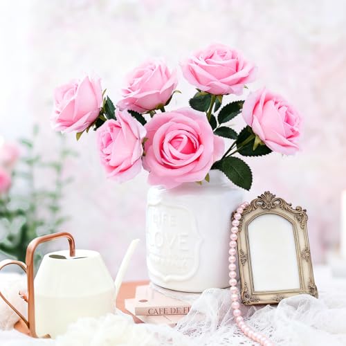 50Pcs Pink Roses Artificial Flowers with Stems，Fake Roses Bouquet Fake Flowers Bulk，Silk Velvet Roses for Wedding Centerpieces Arrangement Baby Shower Birthday Home Decor Gifts - color: Pink, size: 50