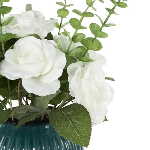 Deco 79 Fabric Artificial Flower with Green Leaves and Round Ceramic Vase, 10" x 10" x 17", White - color: White, size: 10" x 10" x 17"