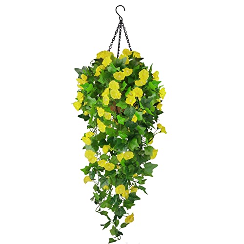 Artificial Fake Hanging Flowers Plants Basket for Spring Outdoor Outside Decoration, UV Resistant Faux Plastic Fabric Flower Morning Glory Wisteria Petunia for Garden Porch Patio Balcony Yard Decor - color: Yellow