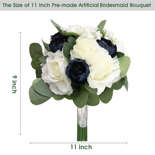 Wedding Bouquets for Bride, 11 Inch Bridesmaids Bouquets Artificial Flower Bouquets for Wedding Ceremony Bridal Shower Decorations - Navy Blue & White - color: Navy Blue & White