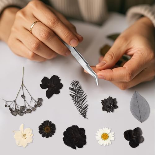 78 Pcs Black and White Dried Pressed Flowers with Tweezer, Halloween Themed Real Dried Flowers Leaves for DIY Crafts Resin Molds, Dried Flowers for Autumn Halloween Decorations - size: Black