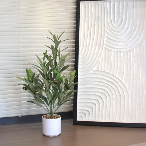 Artificial Olive Branches in Pot, Faux Greenery with White Pot, Fake Potted Green Plants Olive Stems Tables Centerpiece for Desk Shelf Cabinet Bedroom Livingroom Kitchen Indoor Home Decor - color: Potted Olive