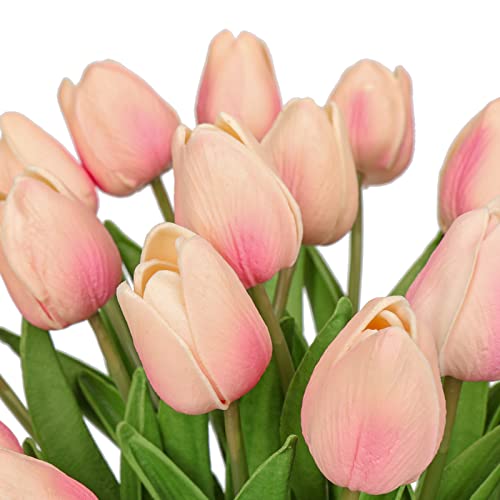 24 Pink Tulips - Artificial Flowers - 13.5" Faux Tulips for Mother's Day, Vase, Centerpieces, Home, Wedding Bouquet - color: 24pcs Gradient Peachy