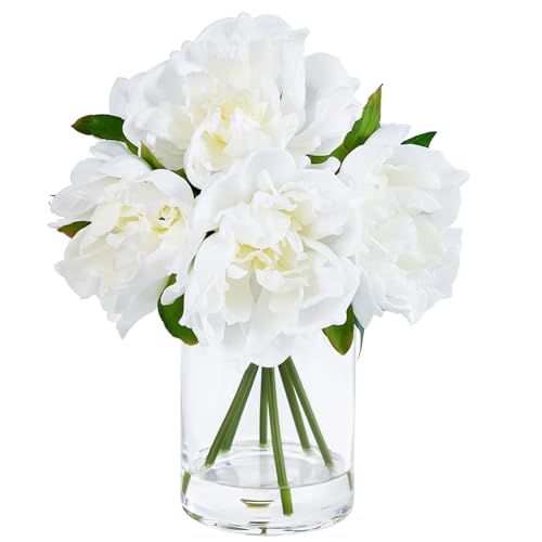 VeriNatural Artificial White Peony Flowers with Vase – 10.6" Fake Silk Floral Arrangements in Glass Vase with Faux Water for Home Decor, Bathroom Shelf, Centerpiece, Wedding, Gift - color: White