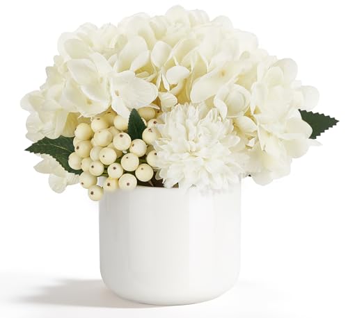 Dahey Hydrangea Artificial Flowers in Small Ceramic Vase, Fake Flower Floral Arrangements for Living Room Bathroom Dining Table Centerpice Wedding Party Spring Home Decor