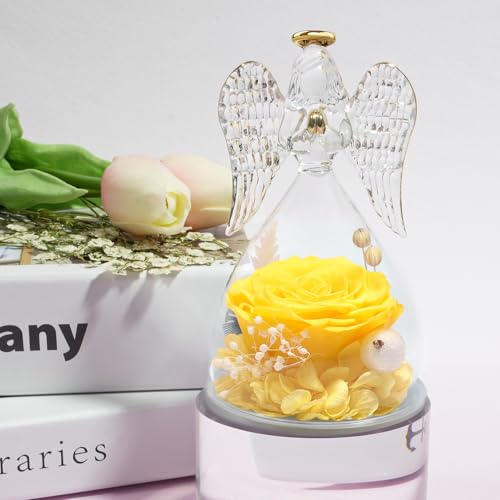 Miofula Gifts for Mom Birthday Gifts for Women, Preserved Flowers Rose in Glass Angel Figurines, Fresh Flowers for Delivery Anniversary Forever Real Roses Gifts for Mothers Grandma Her Wife Girlfriend - color: Yellow