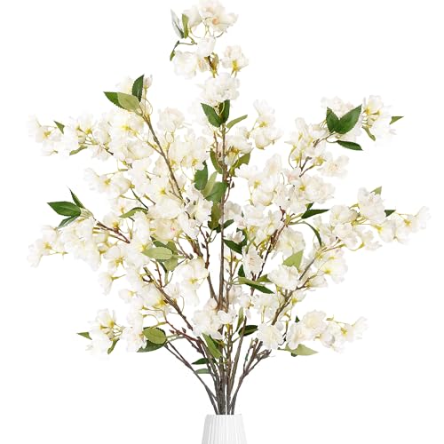 Sggvecsy Artificial Cherry Blossom Flowers 3 Pcs Faux Cherry Blossom Stems Faux Silk Cherry Blossom Branches 35.4’’ Fake Flowers Long Stems for Vase Arrangements Home Wedding Table Decor (White) - color: Ivory