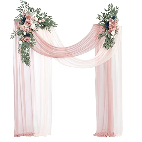 Ling's moment Pink Blue Artificial Wedding Arch Flowers Kit Pack of 4, 2pcs Hanging Flower Arrangement 2pcs Chiffon Drapes Ceremony Reception Fake Rose Arbor Backdrop Floral Party Outdoor Decorations - color: Pk-dusty Rose & Navy