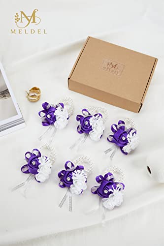 6pcs Purple Wedding Wrist Corsages Artificial Silk Rose for Women | for Wedding, Prom, Homecoming, and Evening Party, Wrist Corsages with Pearls for Brides, Bridesmaids, Mother of the Bride - color: 6pcs Deep Purple Wrist Corsages