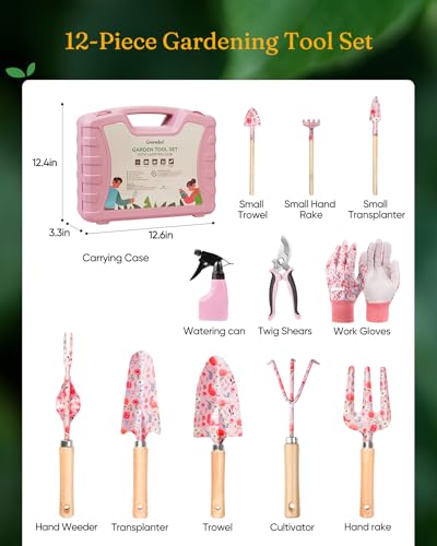 Grenebo 12-Piece Gardening Tools Set, Floral Print Garden Tool Set Gift, Rust-Proof & Heavy-Duty Trowel, Rake, Weeder, Pruner with Hard Case, Gardening Gifts for Women, Mom & Plant Lovers (Pink) - color: Pink