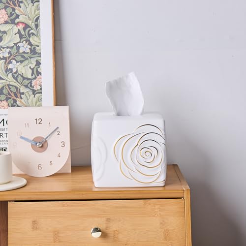 White Ceramic Cube Tissue Box Cover with Gold Rose – Large Elegant Rose Floral Square Decorative Tissue Box Holder for Bathroom, Bedroom, Office Desk, Kitchen Counter – Perfect Housewarming Gift - color: White&gold