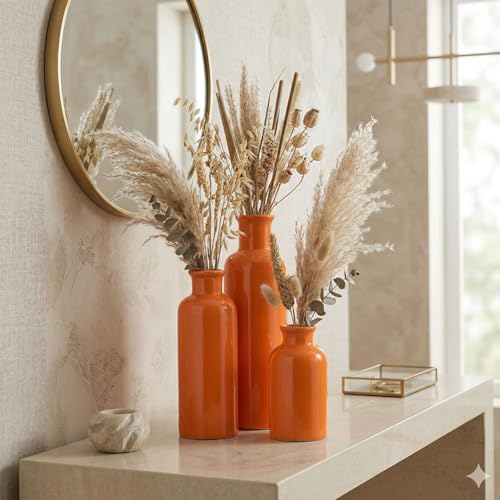 Ceramic Vase Set - 3 Orange Small Vases, Farmhouse Country Flower Vase Home Decor, Living Room Decoration, Table Decoration, Fireplace Decor, and Entrance Decorations Centerpieces - color: Orange