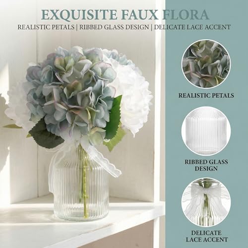 Fake Flowers in Vase,11" Full Silk Blue Hydrangea Artificial Flowers Arrangment with Glass Bud Vase for Centerpiece Table Decoration for Home Bathroom Bedroom Office Desk Decor Indoor(Blue) - color: Dusty Blue