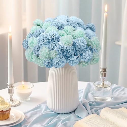 72 Pcs Blue Green Hydrangea Artificial Flowers, Round Floral Bouquet for Home Decor, Wedding, Party, and Seasonal Decoration, Realistic Fake Flowers for Centerpieces Aisle Table Arrangements - color: Blue