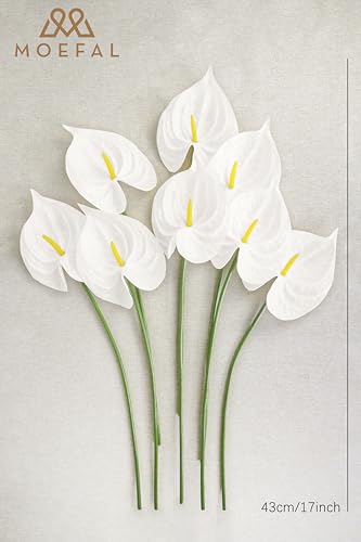 Real Touch Anthurium Artificial Flowers, 8pcs White Faux Tropical Flowers with Stems for Modern Wedding Bouquets, Elegant Centerpieces & Chic Party Decoration - color: White