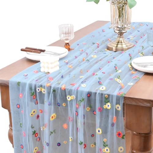 Joanlody 3pcs Blue Embroidery Daisy Spring Summer Table Runner Florals Seasonal Tulle Table Runner for Home Garden Tea Party Holiday Birthday Decoration - color: Blue, size: 10ft x 3pack