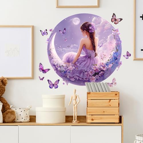 Beautiful Girls Wall Decal for Girls Room Fairy Wall Stickers Peel and Stick Removable Moon Butterfly Flowers Wall Decor for Bedroom Living Room Bathroom Classroom Decorations - style: Beautiful Girls
