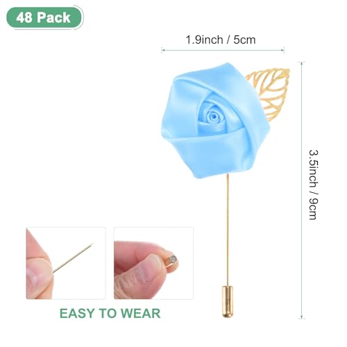 M METERXITY 48-Pack Flower Lapel Pins for Men, Golden Leaf Rose Boutonnieres Pin Groom Boutonnieres for Wedding/Dance/Party, Men Lapel Pins for Suits Satin Flower Corsage [Light Blue] - color: Light Blue
