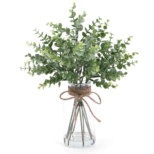 Coferset Eucalyptus Stems in Glass Vase with Faux Water, 14" Eucalyptus Fake Plants for Home Bathroom Counter Office Kitchen Farmhouse Shelf Centerpiece Coffee Table Decor(Sage Green) - color: Green