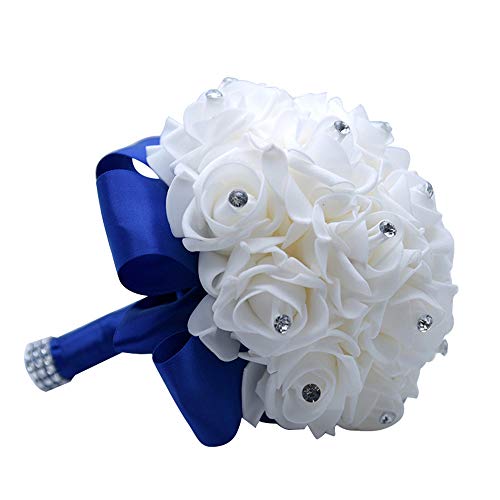 MOJUN Wedding Bouquets Crystal PE Roses Bridal Bridesmaid Wedding Hand Holding Bouquet Artificial Fake Flowers Toss Bouquet, Sapphire - color: Sapphire