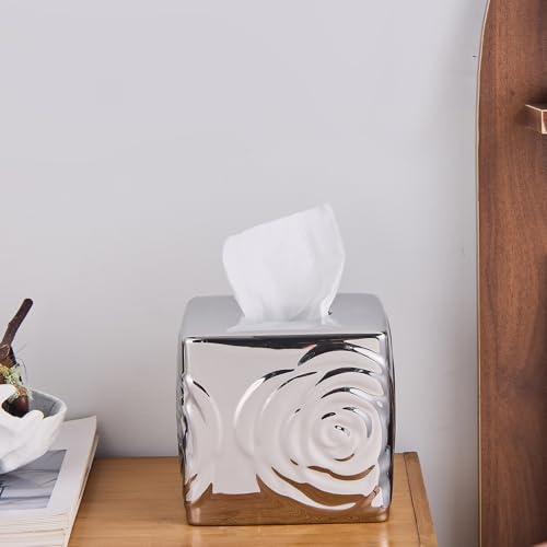 Silver Ceramic Cube Tissue Box Cover with Rose – Large Elegant Rose Floral Square Decorative Tissue Box Holder for Bathroom, Bedroom, Office Desk, Kitchen Counter – Perfect Housewarming Gift - color: Silver