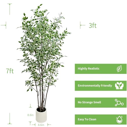 7ft Artificial Ficus Tree with White Plastic Planter | Foliage: Designed with natural green and white variegated leaves for lifelike indoor landscape decoration - color: White, size: 7ft