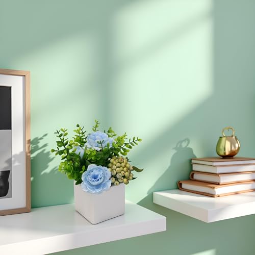LADADA Artificial Blue Rose Potted Flowers with White Square Vase | Faux Eucalyptus Leaves Frosted Berry Floral Arrangement,Small Fake Silk Flower Centerpiece for Office Shelf Home Indoor Decor - color: Blue