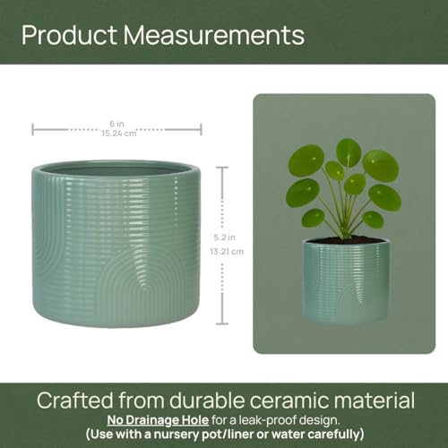 6 Inch Ceramic Plant Pot – Decorative Indoor Planter (No Drainage Hole) for Succulents, Herbs & Houseplants – Modern Tabletop Desk Planter – Sage Green - color: Sage Green