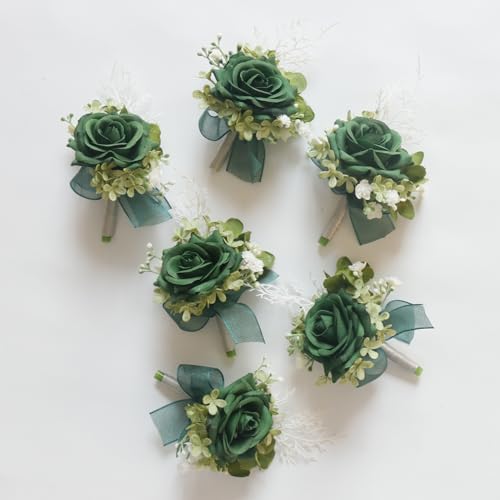 MAFELOE 2 Pieces Men Boutonniere Corsage Set, Artificial Rose Flowers Accessories for Wedding Prom Party Ceremony Anniversary Suit Decor- Dark Green (X-M11-JM) - color: Dark Green