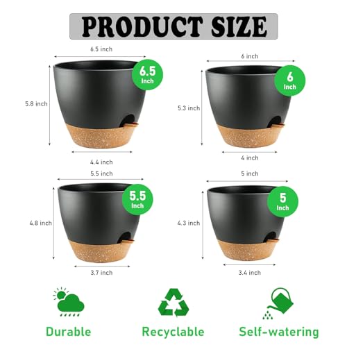 Self Watering Plant Pots with Drainage & Saucers, 4-Pack 6.5/6/5.5/5 in - Plastic Flower Pots for Indoor Plants, Succulents & Herbs, Planters for Indoor Outdoor & Balcony (Black) - color: 4pc-6.5/6/5.5/5in-black