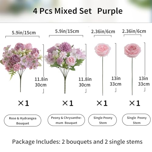 4 Pcs Mixed Artificial Peony Flowers Set-2 Bouquets & 2 Stems, Purple Fake Peony Rose Hydrangea Flower for Vase Silk Floral Arrangement for Table Centerpiece Wedding Party Bridal Decoration Home Decor - color: Purple, size: Mixed 4pcs