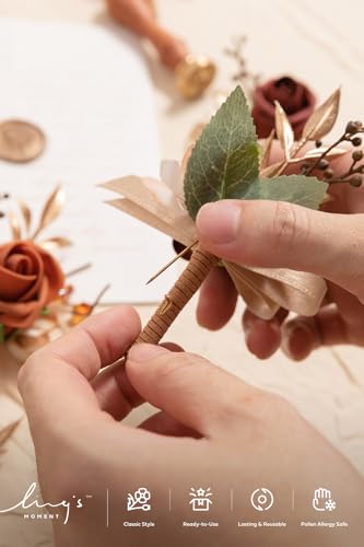 Ling's moment Boutonniere for Men, 6pcs Groom Groomsmen Boutonniere, Artificial Flowers for Wedding Decor/Prom/Homecoming, etc.Terracotta Orange - color: Or-terracotta & Orange