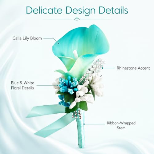 ChezMax Calla Lily Blue Boutonniere Handmade Silk Flower with Ribbon Corsage for Bride Groom Wedding Party 6 Packs - color: B-blue Boutonniere-6 Pcs