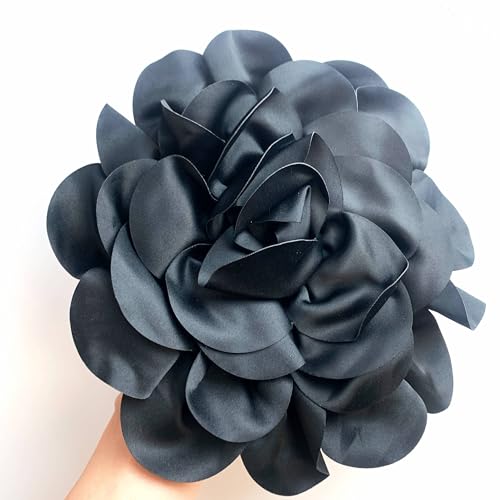 Heyiwell Large Satin Fabric flower for Brooch Pin Wedding Party Dance Dress Suit Clothes Head Hair Accessories DIY Decor 9.45"Inch - color: Black