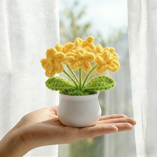 LAIDANLA Yellow Crochet Flowers Forget Me Not, Mini Handmade Yarn Flower Potted Plants for Desk, Anniversary Graduation Appreciation Birthday Gifts for Women Friend Teacher Coworker Mom - color: Yellow
