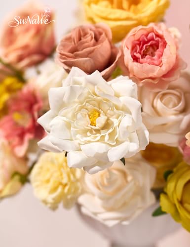 Yellow Pink Flowers Artificial Roses Combo Set Fake Pink Silk Flowers Faux Peony Flowers Mix Dahlia with Stems for Wedding Bouquets Baby Bridal Shower Party Floral Arrangements Decor - color: Pink Yellow, size: The Modern Classic