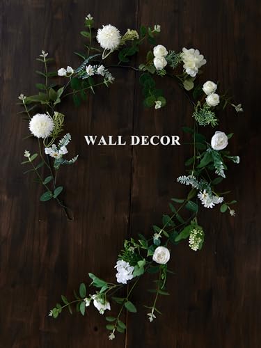 MISSPIN 5.9Ft Eucalyptus Garland with Flowers, Artificial Fake Flower Greenery Spring Garland for Baby Shower Wedding Mantle Table Centerpiece Spring Decor - color: White
